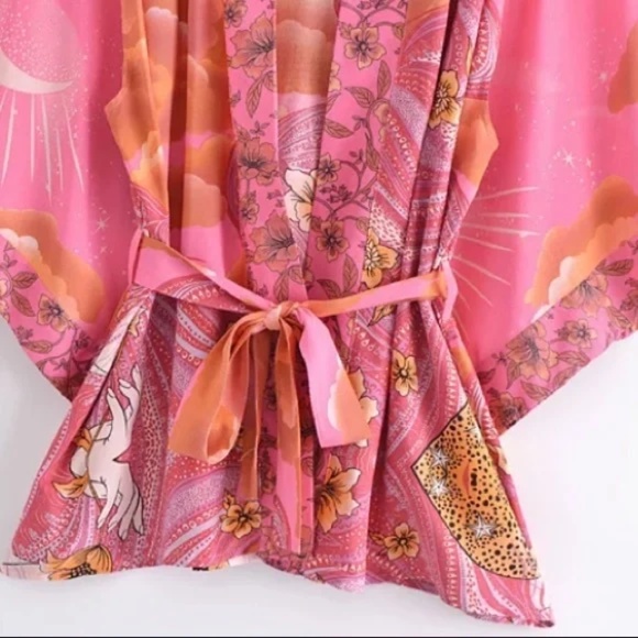 Fuchsia Pink Cosmic Galaxy Moon Boho Short Kimono Coverup Robe - Picture 2 of 9